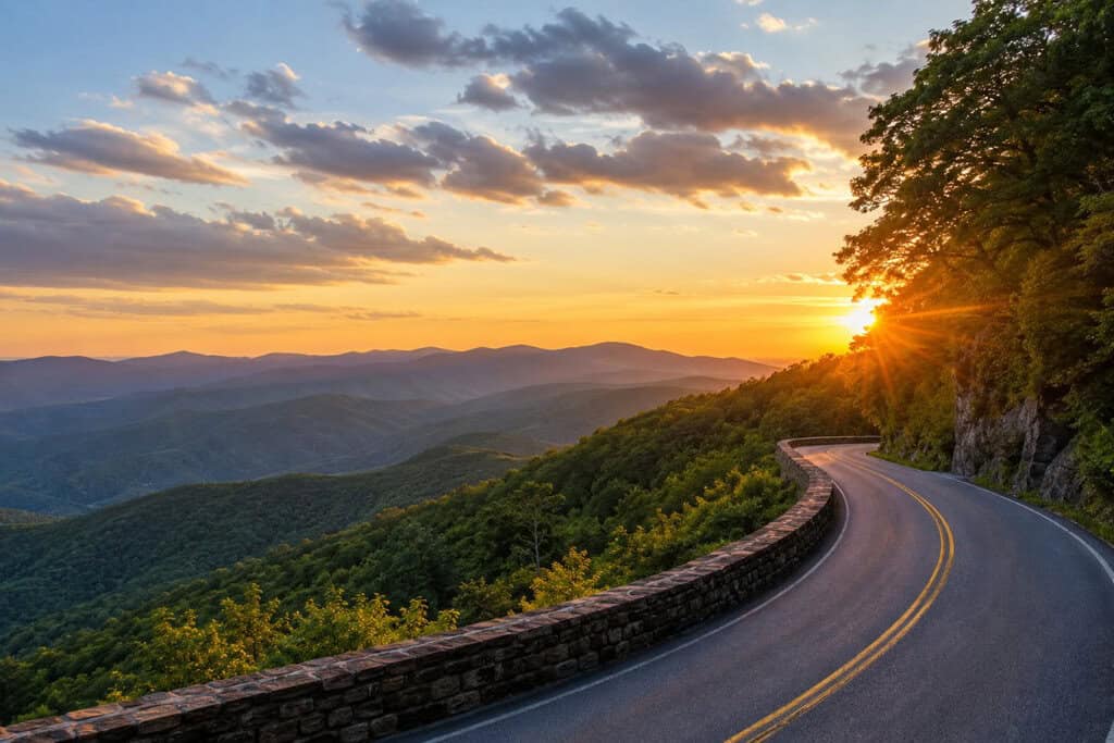 A winding road curves around a wooded hillside at sunset, with rolling mountains and a colorful sky in the background.