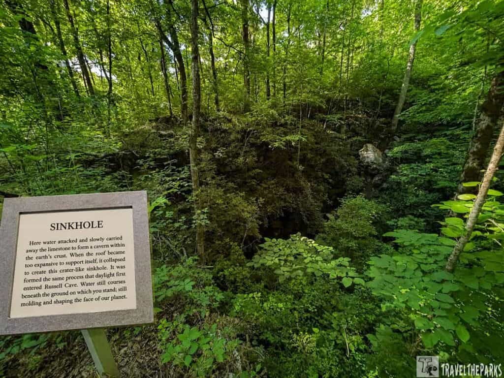 A deep sinkhole is surrounded by dense, green trees at Russell Cave National Monument, with an informational sign about the sinkhole in the foreground.
