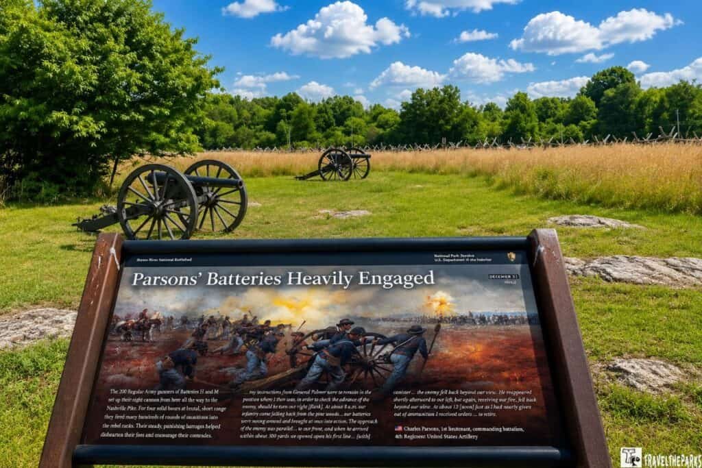 Historical battlefield scene at Stones River National Battlefield, featuring two cannons and a sign describing "Parsons' Batteries Heavily Engaged" with an illustration of soldiers in battle.
