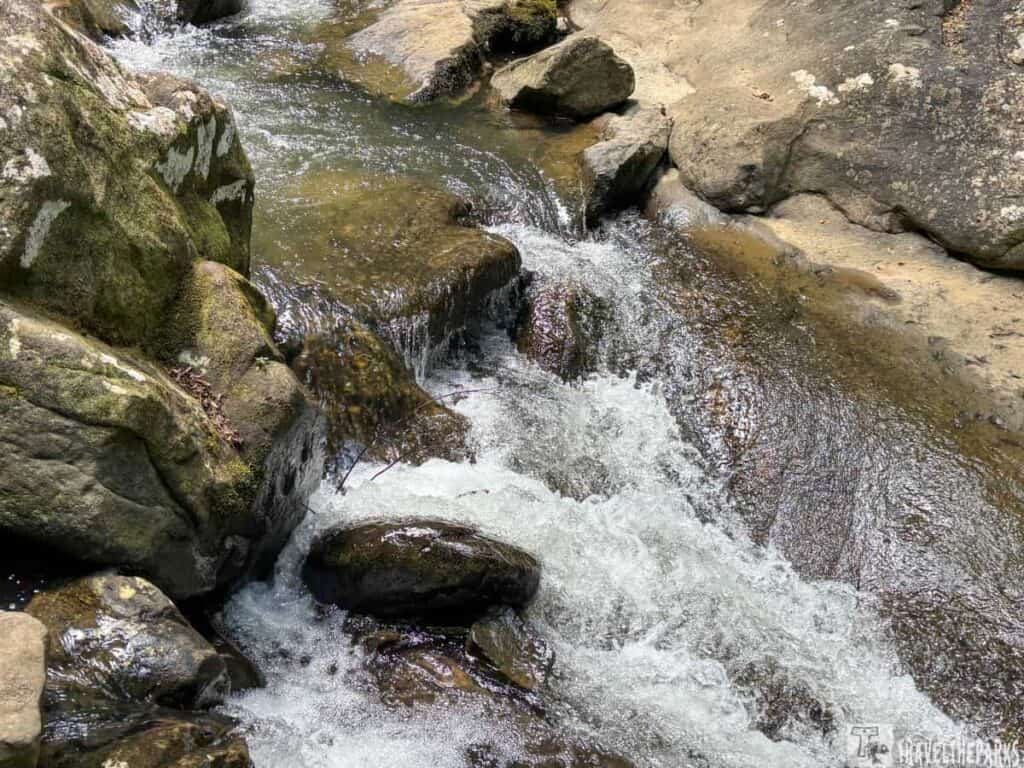 A clear stream flows over rocks with white rapids.