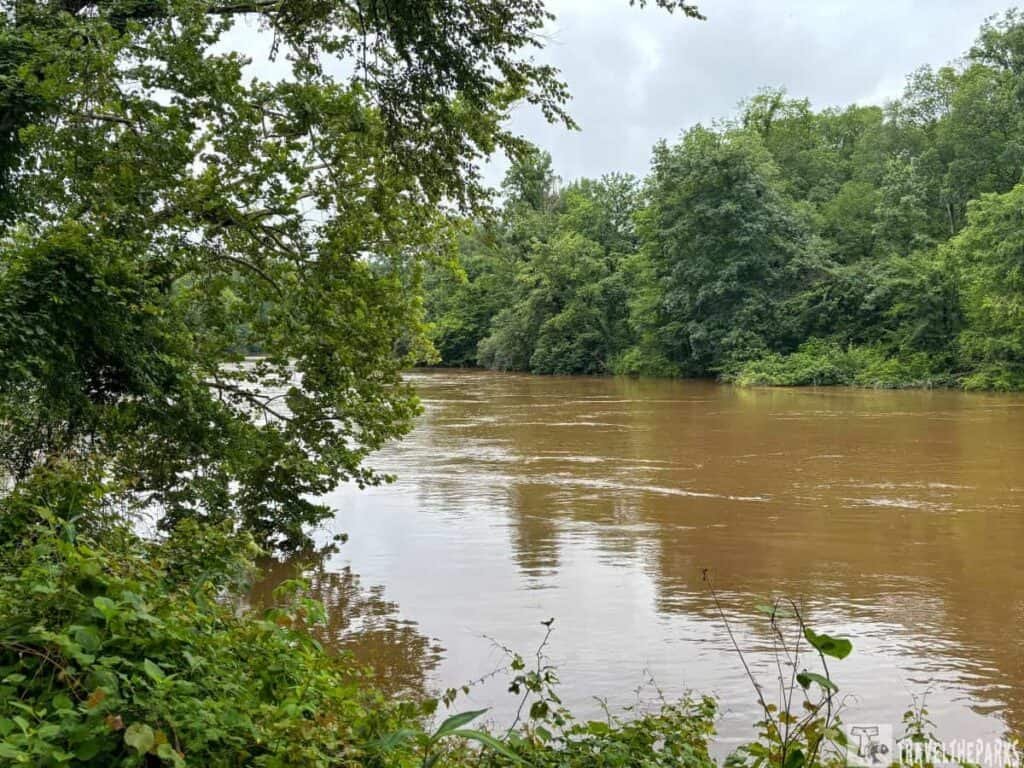 Tour Stop 1: The Island: Scenic view of the Tallapoosa River surrounded by lush green trees and cloudy skies.