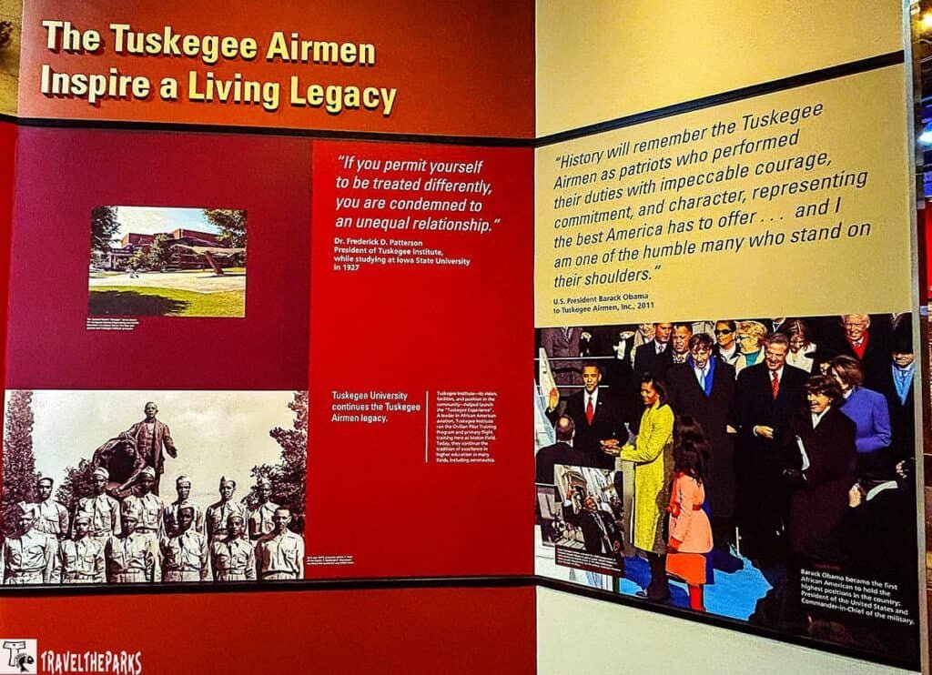 Informational display about the Tuskegee Airmen featuring images, quotes, and a description of their legacy, with a notable quote from Barack Obama.

