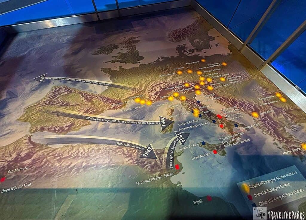 Map of airfields associated with the Tuskegee Airmen during WWII, featuring marked locations, flight paths, and years 1943 and 1944.

