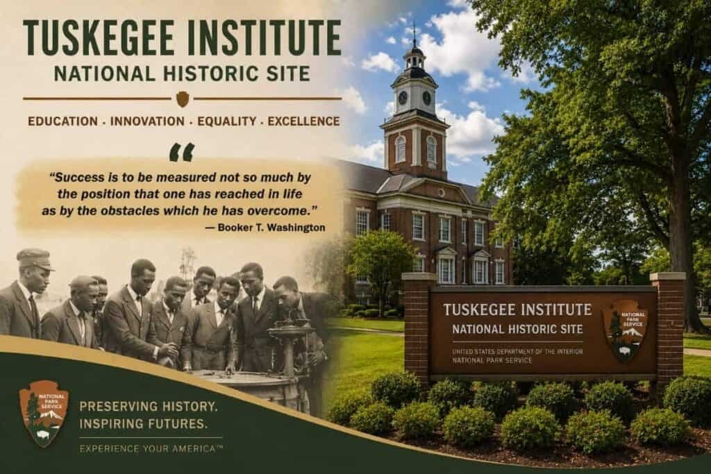 "Motivational quote on a Tuskegee Institute background." Transcribed Text: “Success is to be measured not so much by the position that one has reached in life as by the obstacles which he has overcome.” — Booker T. Washington
