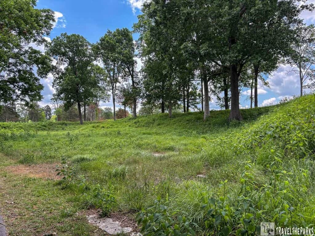 A grassy field surrounded by trees, highlighting the Stones River earthworks, under a blue sky with fluffy clouds.

