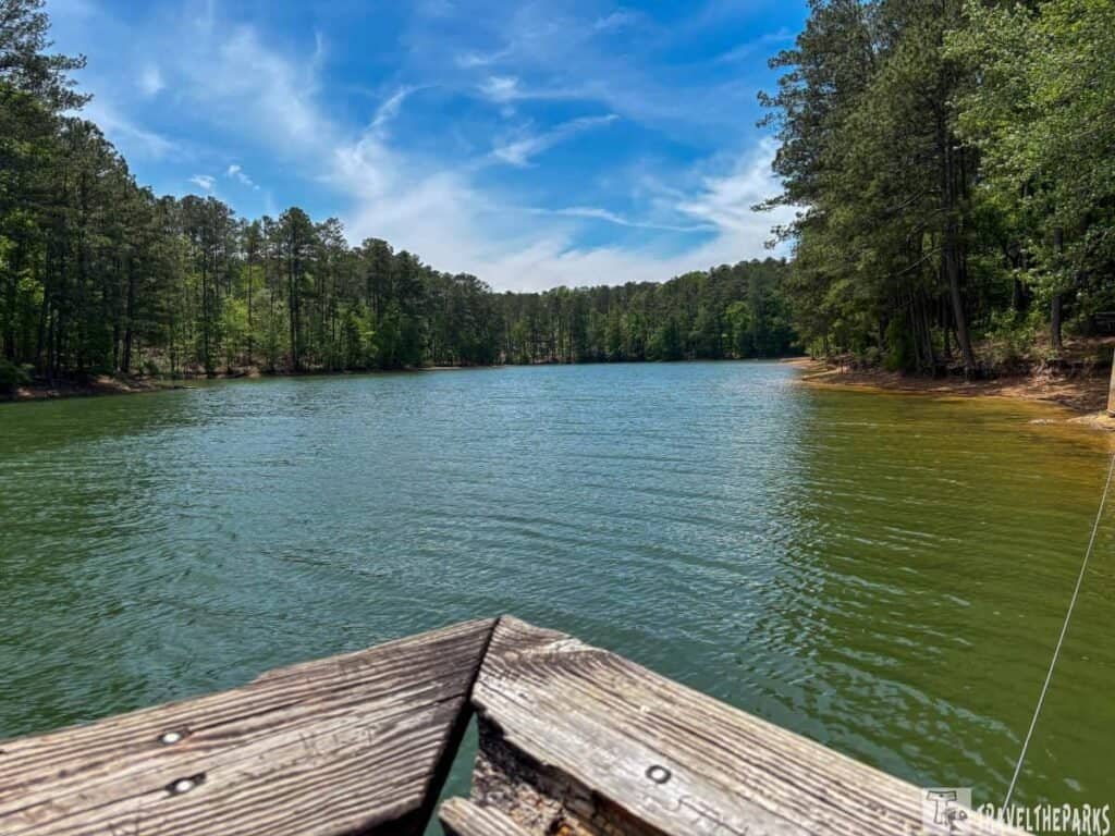Lake Alltoona at Red Top Mountain State Park, framed by green pine trees, with a wooden dock in the foreground and a clear blue sky above.

