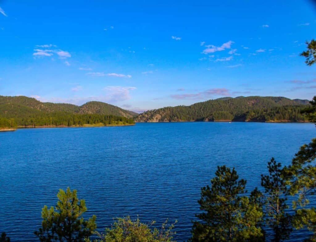 A serene lake surrounded by green hills and a clear blue sky, framed by evergreen trees in the foreground.

