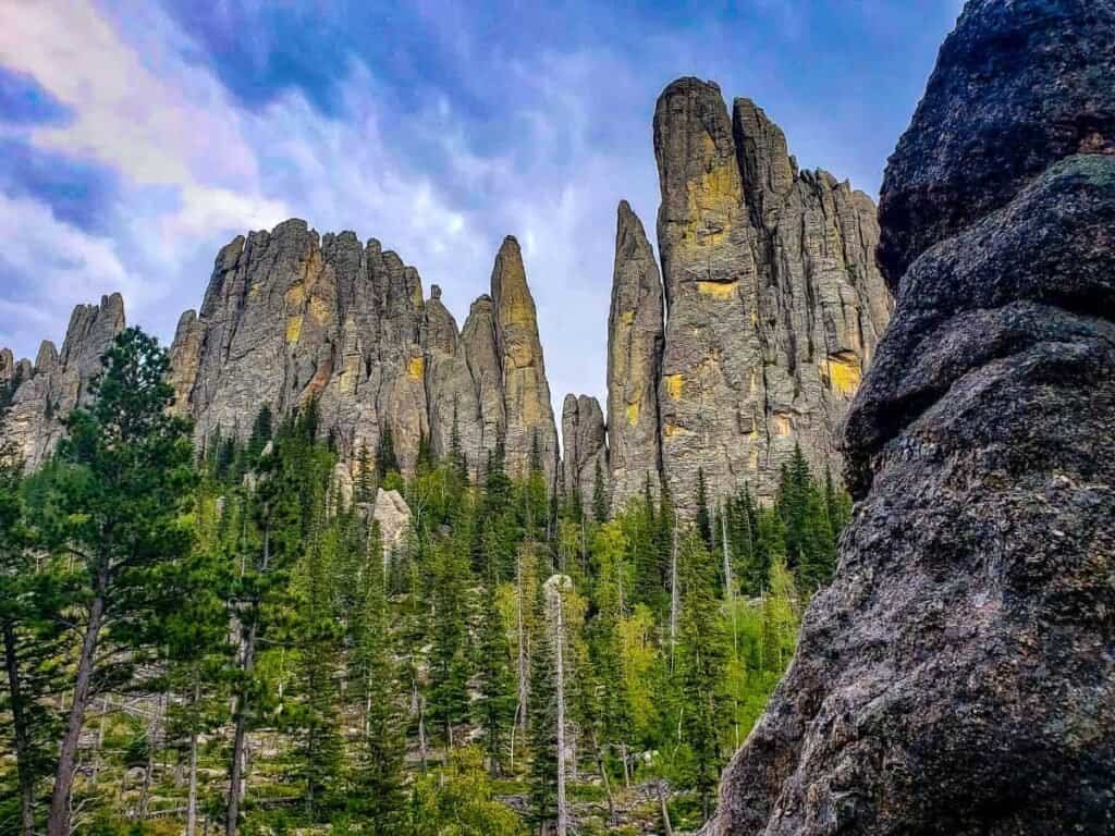 Vertical rock spires rise from a green forest under a blue sky, showcasing rugged textures and patches of yellow lichen.

