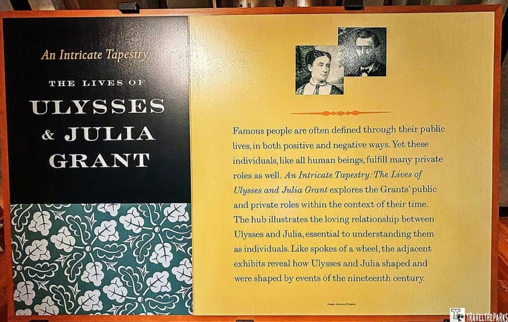 Display panel from the Ulysses S. Grant Museum Barn, featuring the title "THE LIVES OF ULYSSES & JULIA GRANT," accompanied by images of Ulysses and Julia Grant, and text discussing their private and public lives.