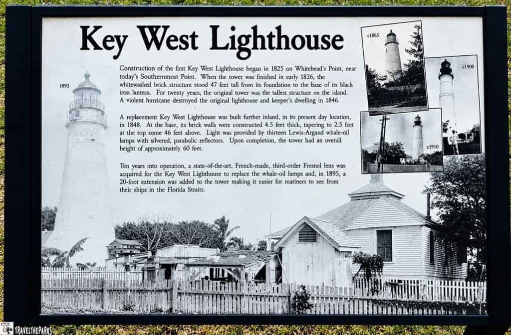 Information sign about the Key West Lighthouse, featuring historical illustrations and text detailing its construction and modifications.