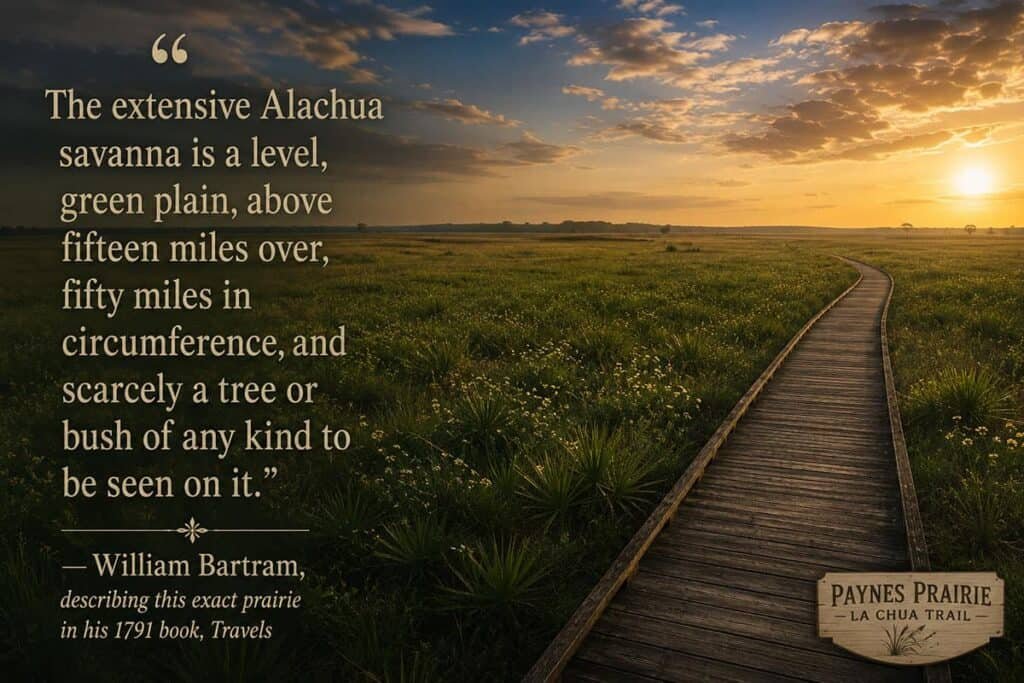 “The extensive Alachua savanna is a level, green plain, above fifteen miles over, fifty miles in circumference, and scarcely a tree or bush of any kind to be seen on it.”
— William Bartram, describing this exact prairie in his 1791 book, Travels
