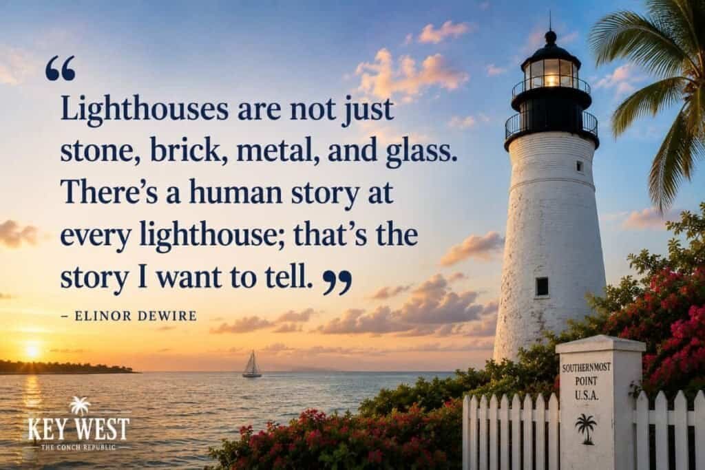 A lighthouse by the shore under a colorful sunset, accompanied by a quote about lighthouses.
Transcribed Text:
“Lighthouses are not just stone, brick, metal, and glass. There’s a human story at every lighthouse; that’s the story I want to tell.”
– ELINOR DEWIRE
KEY WEST
THE CONCH REPUBLIC
SOUTHERNMOST POINT
U.S.A.