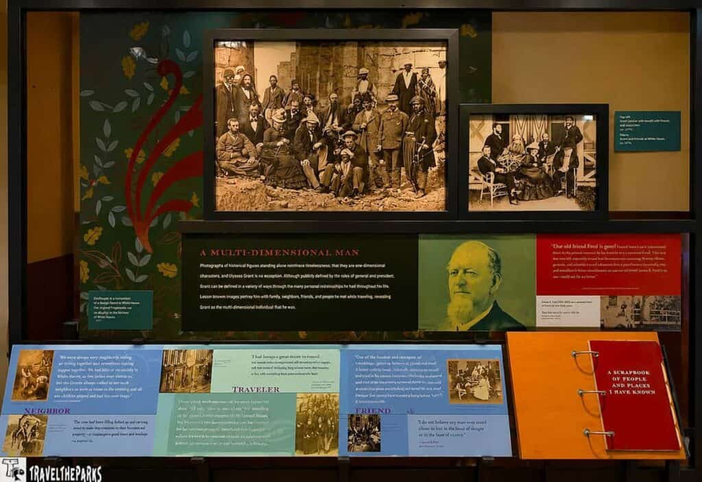 Exhibition display about Ulysses S. Grant featuring framed photographs, descriptive panels, and decorative elements exploring his multifaceted identity.

Transcribed Text:
A MULTI-DIMENSIONAL MAN
"Our old friend Ford is gone! It wasn’t last Saturday that I was talking with him in the morning... that seems like an eternity; and here I am with all the memories of him, and I never expected to see him again."
NEIGHBOR
"We more always neighbored, riding raising even here to be nearer together..."
TRAVELER
"I had always a great desire to travel..."
FRIEND
"I do not believe any man ever stood closer to him in the hour of danger or in the hour of victory."