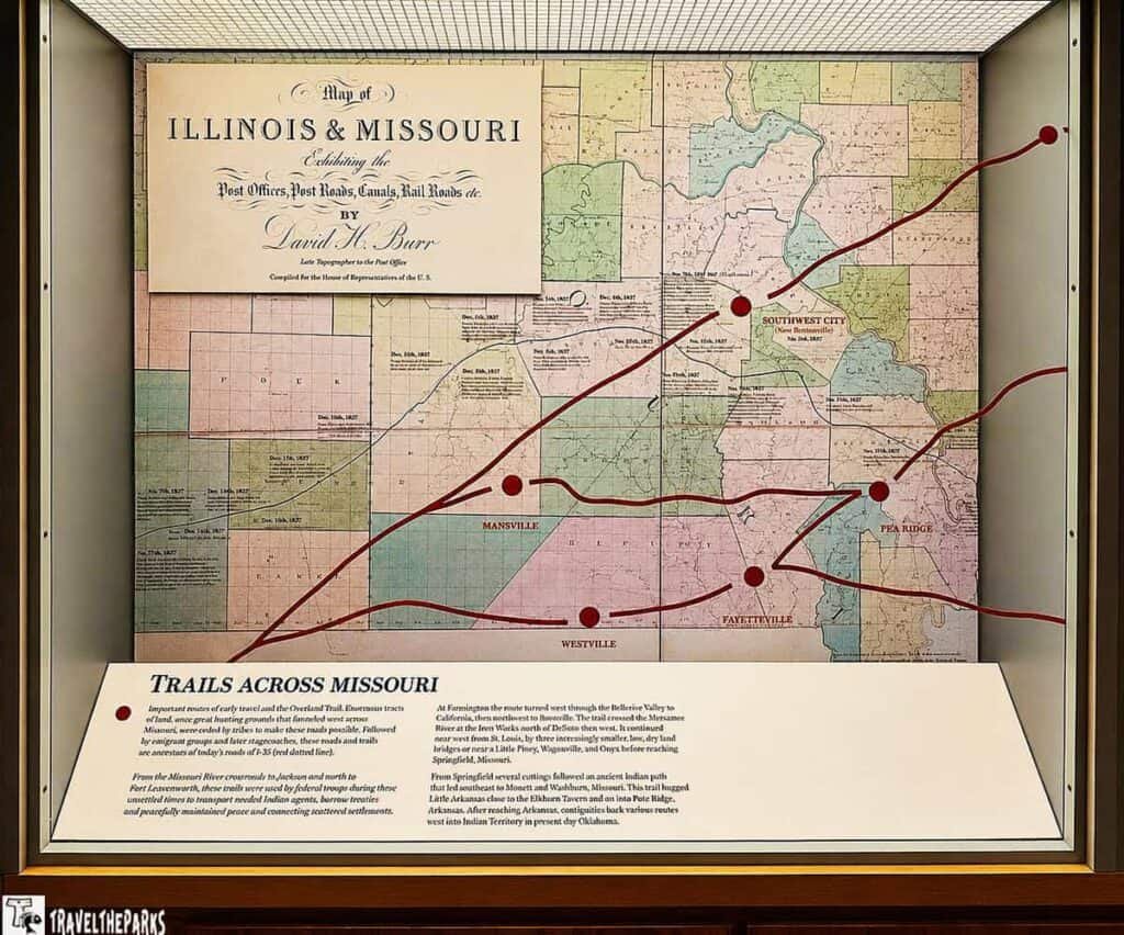 Historical map of Illinois and Missouri by David H. Burr, showing post offices and trails across Missouri, with an informational panel below.
Transcribed Text:
Map of
ILLINOIS & MISSOURI
Exhibiting the
Post Offices, Post Roads, Canals, Rail Roads etc.
BY
David H. Burr
Compiled for the House of Representatives of the U.S.
TRAILS ACROSS MISSOURI
Important roads clearly marked on the Overland Trail. Between towns and along great traveling routes, trails were created to make travel easier and more possible.
From the Missouri River crossing at Jackson and Independence to Point Lookout, these trails were laid by federal troops during their efforts to transport medical provisions, terror-free travel, and peacefully maintained peace connecting remote settlements.