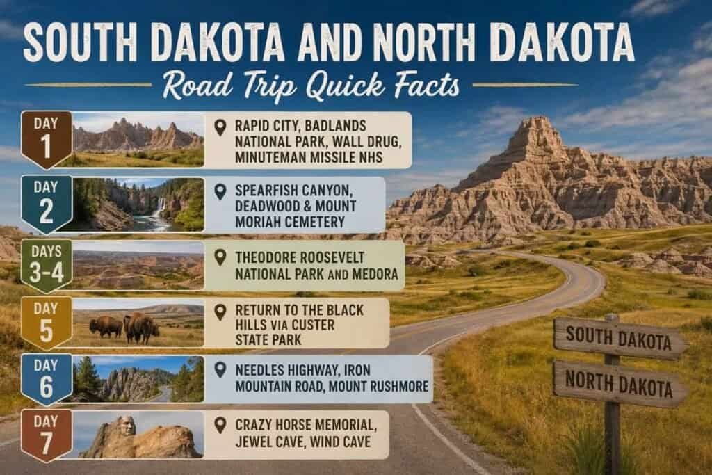 A travel guide image for a road trip in South Dakota and North Dakota, featuring scenic landscapes, a winding road, and a list of activities for each day of the trip.

