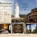 Old Faithful Inn review graphic featuring the historic lodge and Old Faithful Geyser in Yellowstone National Park