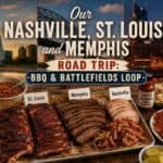 A metal tray with assorted barbecued meats and side dishes, with a backdrop featuring the skylines of Nashville, St. Louis, and Memphis. Text highlights a road trip theme.