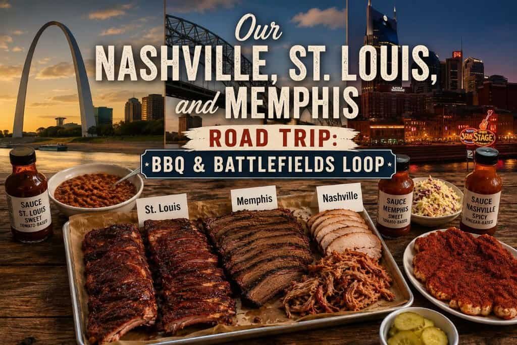 A metal tray with assorted barbecued meats and side dishes, with a backdrop featuring the skylines of Nashville, St. Louis, and Memphis. Text highlights a road trip theme.