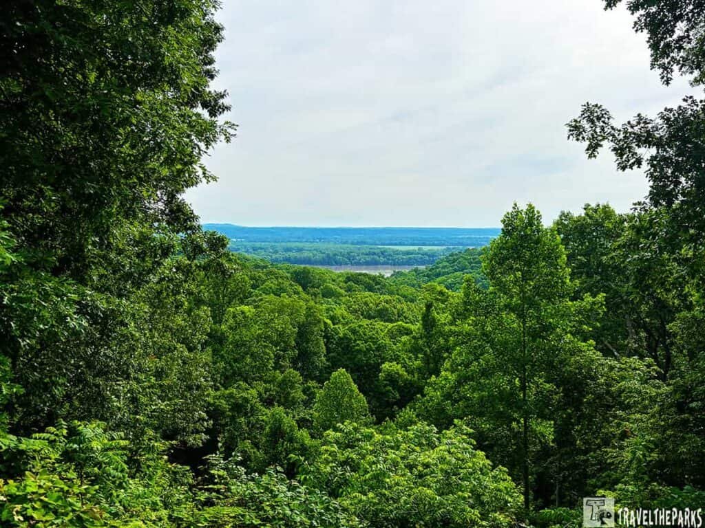 A panoramic view from Trail of Tears State Park featuring dense green trees and rolling hills leading to a river under a cloudy sky.