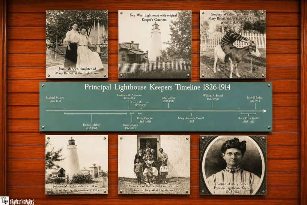 Display of photographs and a timeline showcasing the history of the Key West Lighthouse and its keepers, including images of lighthouse keepers and their families.