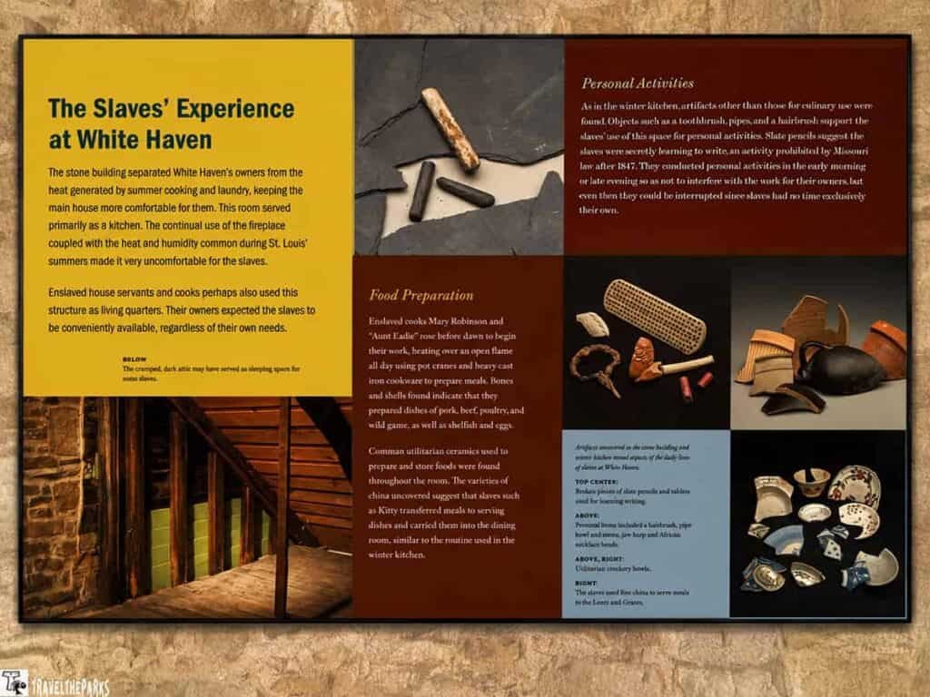 Informational display about "The Slaves’ Experience at White Haven," detailing food preparation methods and personal activities of enslaved individuals, with images of historical artifacts.

