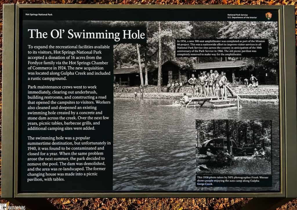 Informational display about "The Ol’ Swimming Hole" with historical photos and text at Hot Springs National Park.