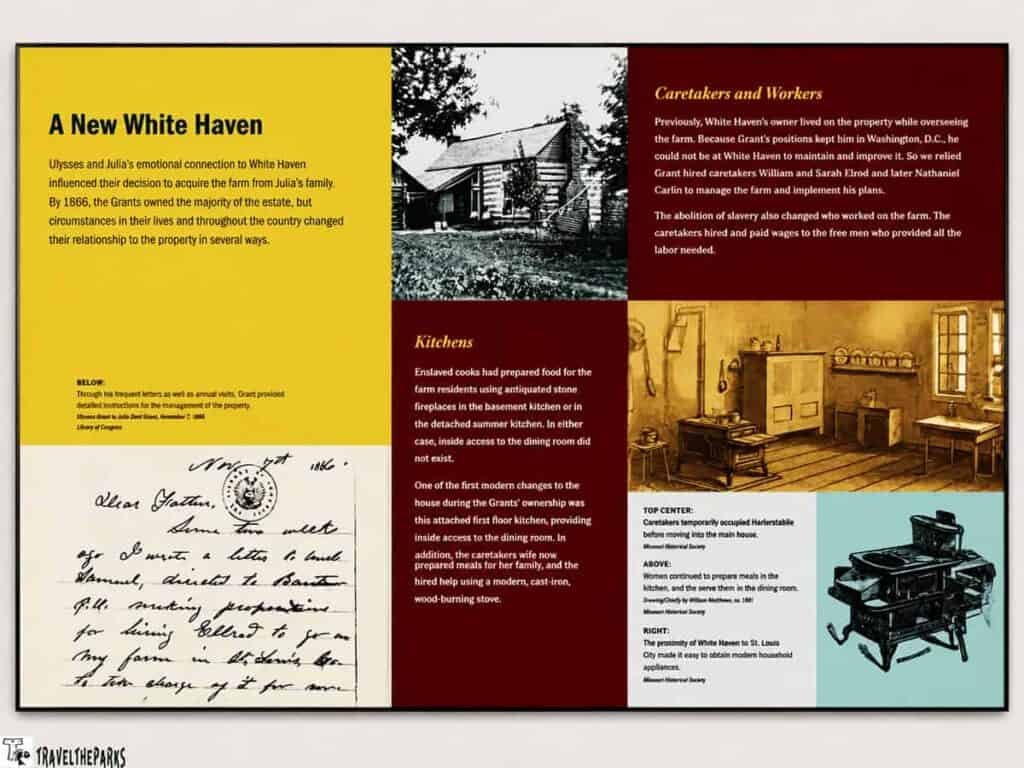 A historical display about Ulysses S. Grant's family estate featuring sections on emotional connections, kitchens, caretakers, and household appliances, with images and text outlining their significance.

