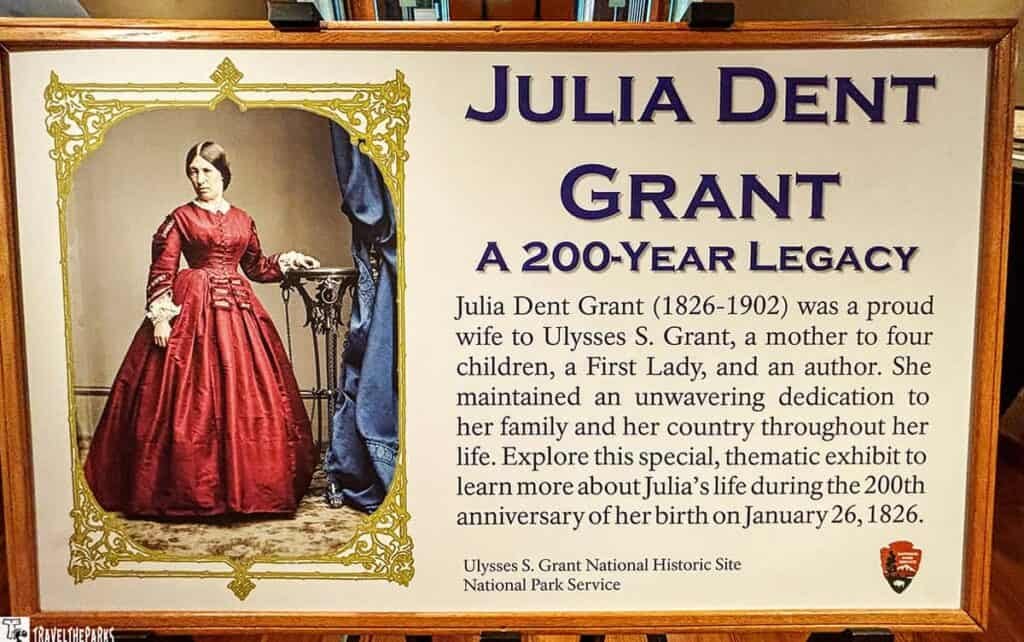 A display featuring a portrait of Julia Dent Grant in a crimson dress, alongside a description of her life and legacy at the Ulysses S. Grant National Historic Site.