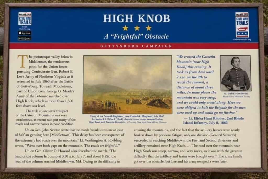 Informational sign titled "HIGH KNOB - A 'Frightful' Obstacle" with historical context and images.
