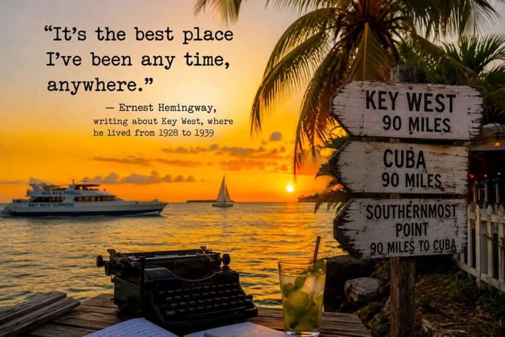 A sunset at Key West features a typewriter and drink on a table, with a signpost pointing to Key West, Cuba, and the Southernmost Point, alongside boats on the water.
Transcribed Text:
“It’s the best place I’ve been any time, anywhere.”
— Ernest Hemingway,
writing about Key West, where he lived from 1928 to 1939