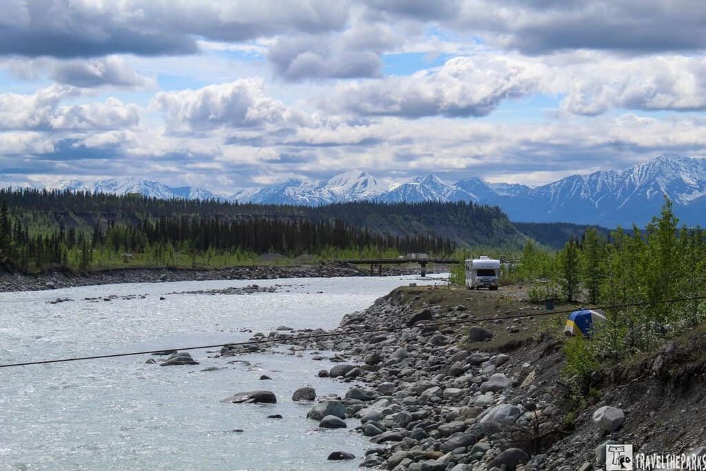 Glacier View Campground beside the Kennicott River Chugach mountain views