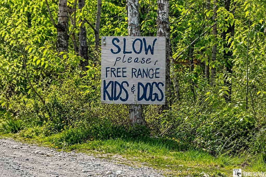 Sign on a tree says, "SLOW please, FREE RANGE KIDS & DOGS" in a forested area.