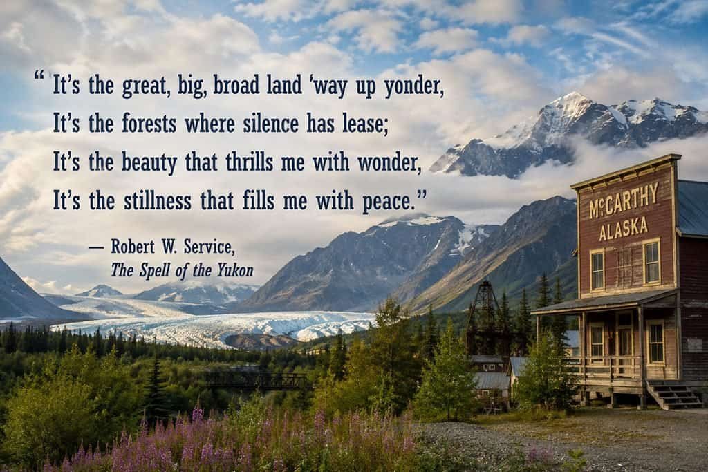 A scenic view of McCarthy, Alaska, featuring mountains, a glacier, lush greenery, and an old wooden building with "McCarthy ALASKA" signage. The image includes a quote by Robert W. Service about the beauty of the wilderness.
Transcribed Text:
"It’s the great, big, broad land ’way up yonder,
It’s the forests where silence has lease;
It’s the beauty that thrills me with wonder,
It’s the stillness that fills me with peace."
— Robert W. Service,
The Spell of the Yukon