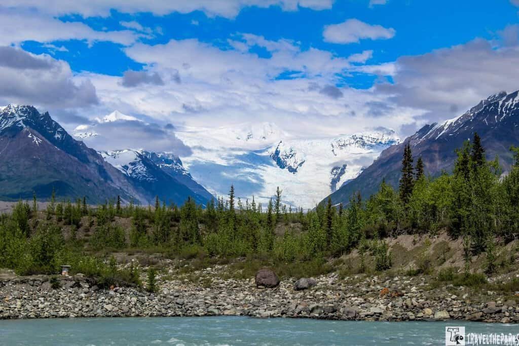 Views of Mount Blackburn with the Kennicott river in the forground in Wrangell St Elias NP