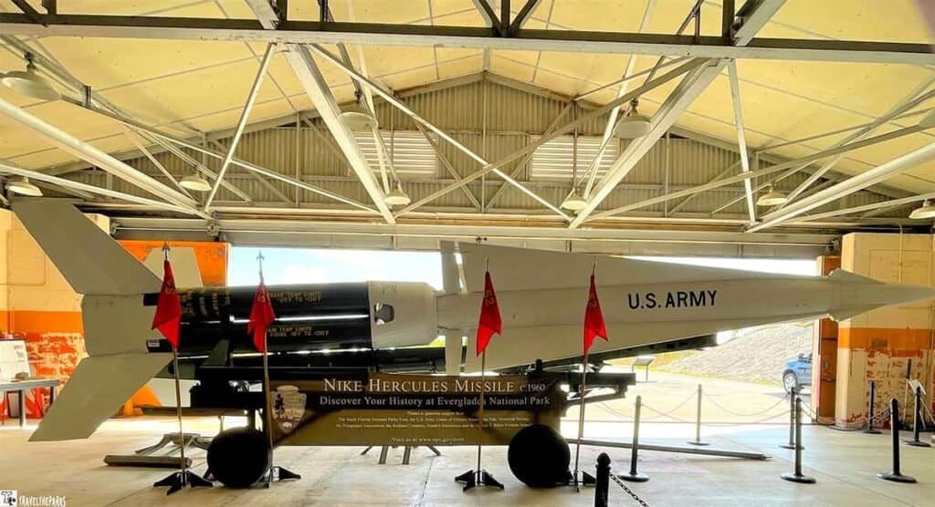 Tour of Missile Base in Everglades National Park of HM69 Nike Missile Base. Nike Hercules missile on display inside a hangar at Everglades National Park.