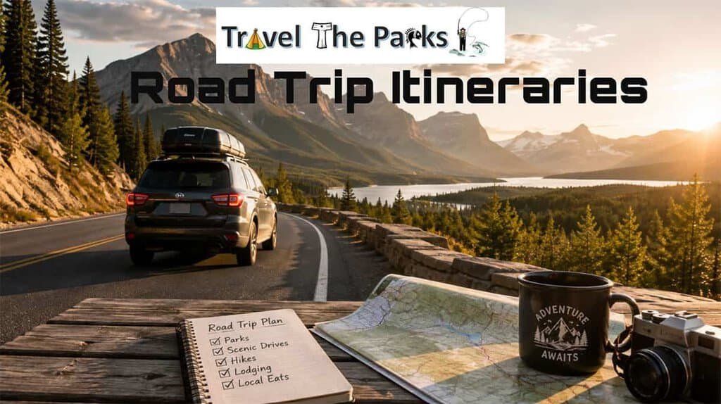 A scenic road trip scene featuring a parked SUV on a winding road, a notebook with a road trip checklist, a map, and a coffee mug against a backdrop of mountains and a lake.