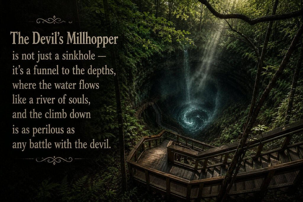 A deep sinkhole known as the Devil's Millhopper, featuring a swirling pool of water and a waterfall, surrounded by trees and a wooden staircase leading down into the depths.
Transcribed Text:
The Devil’s Millhopper
is not just a sinkhole —
it’s a funnel to the depths,
where the water flows
like a river of souls,
and the climb down
is as perilous as
any battle with the devil.