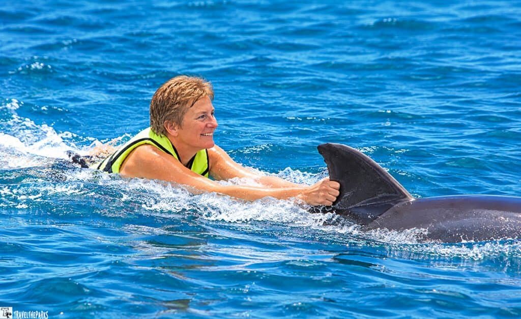 Person in a yellow life jacket holding onto a dolphin’s dorsal fin in bright blue water.